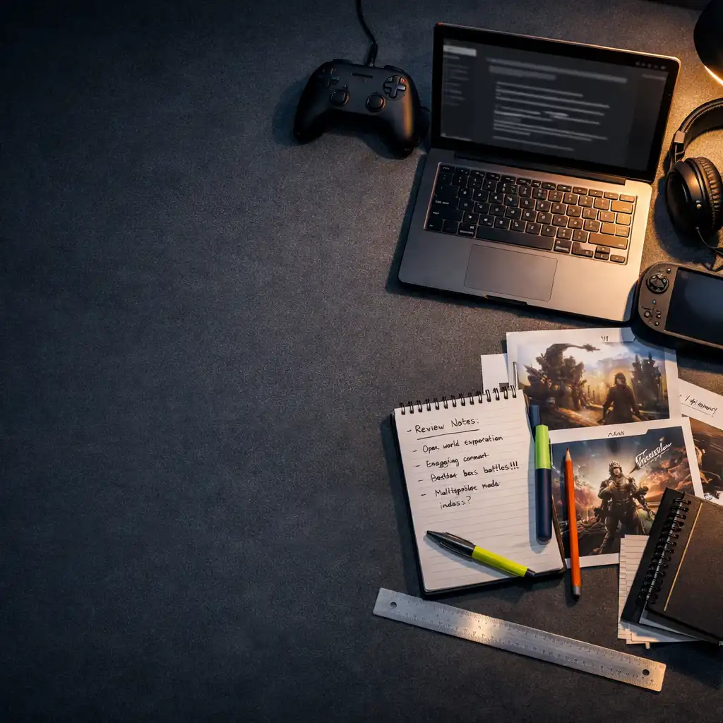 Dark gaming newsroom desk with a laptop, controller, headphones and editorial notes