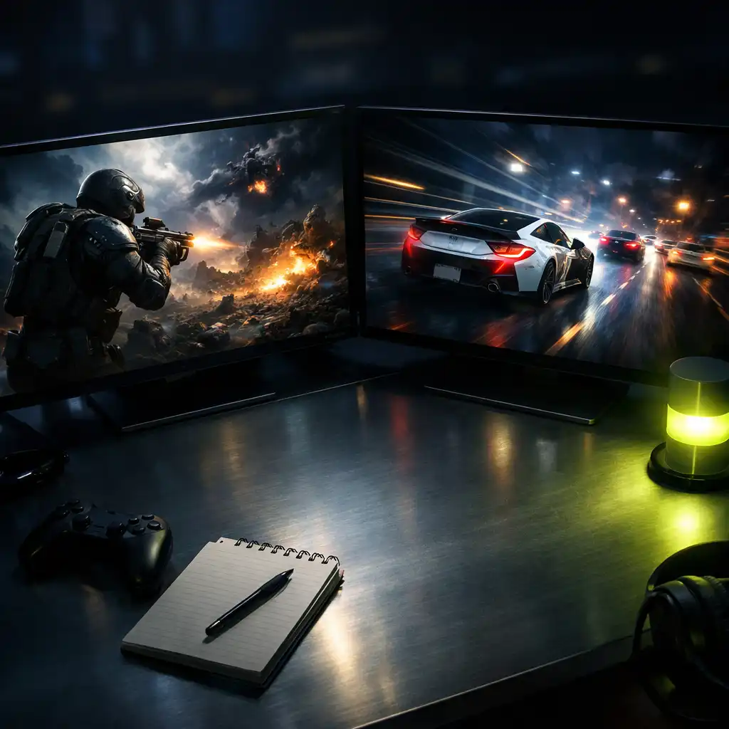 A dark late-night gaming desk with abstract action and racing scenes on screens