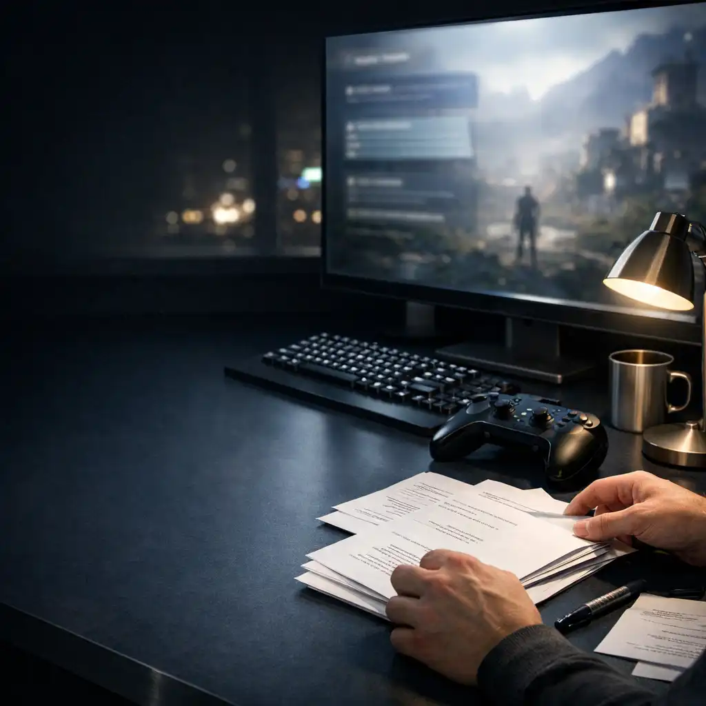 Journalist organising notes at a late-night gaming newsroom desk