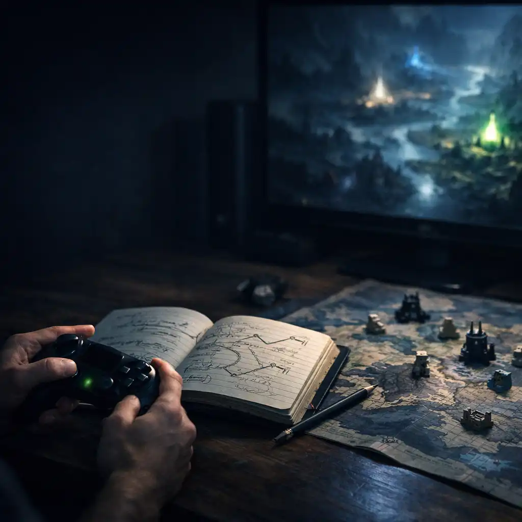 Hands near a controller beside a route notebook and tabletop map in a quiet gaming room