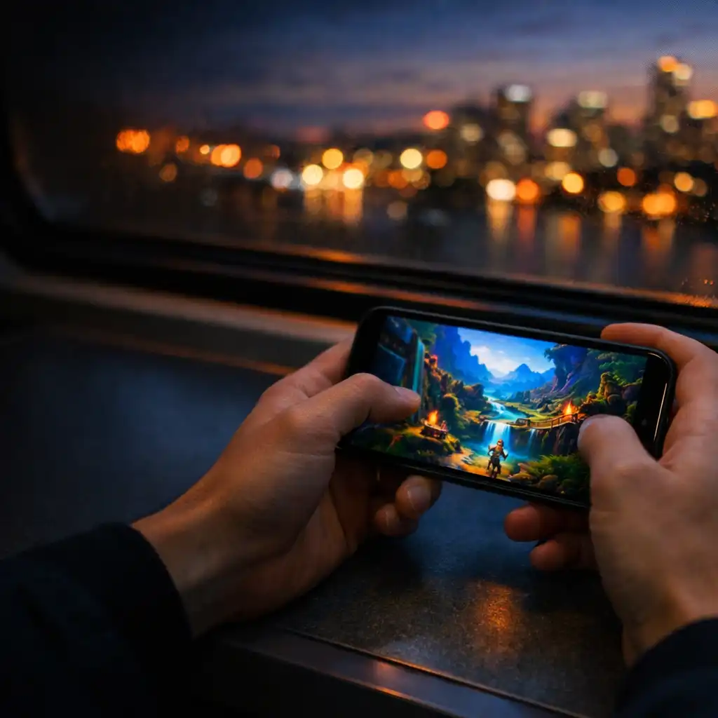 Hands holding a smartphone during a mobile game