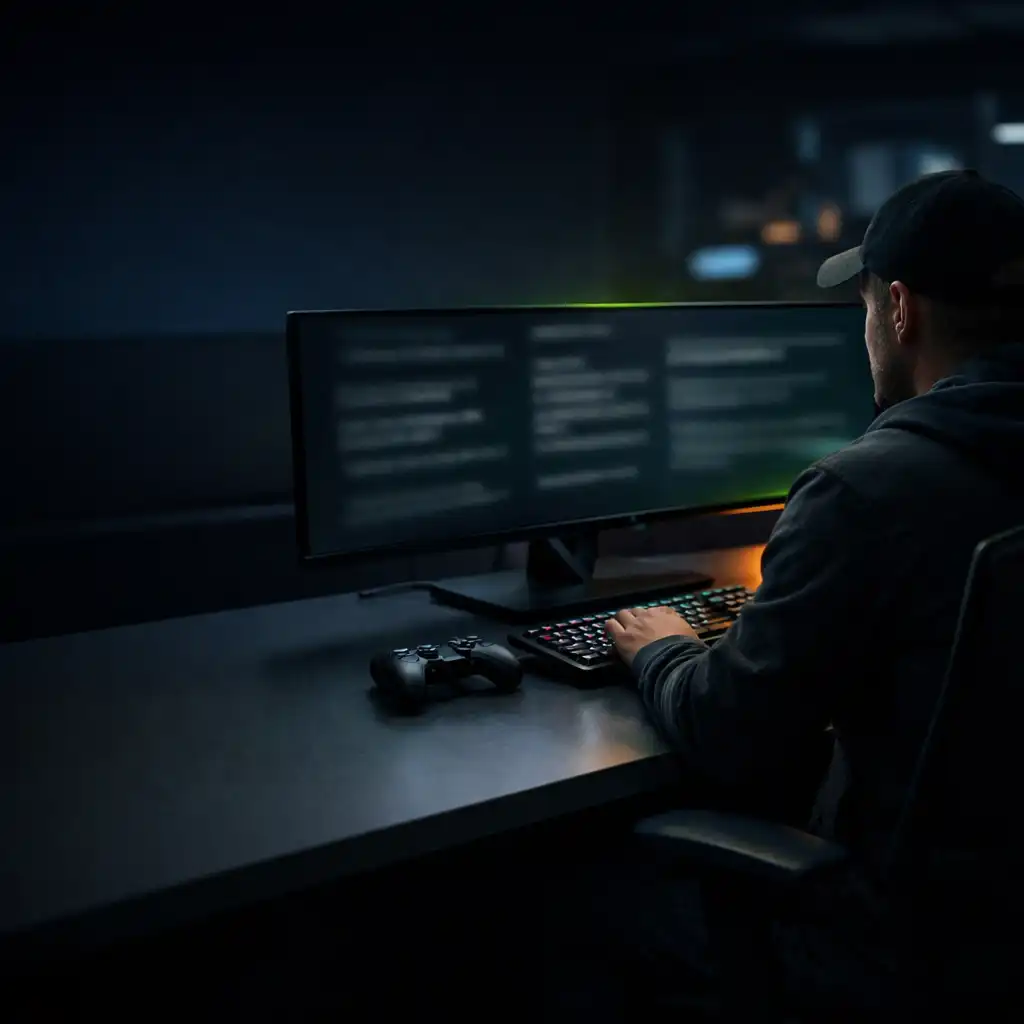 Editor working at a dark PC gaming desk with an ultrawide monitor