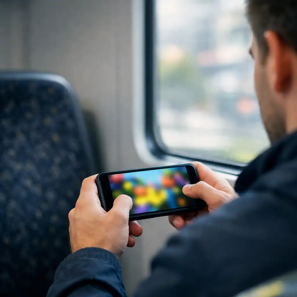 Passenger playing a game on a smartphone during a train commute