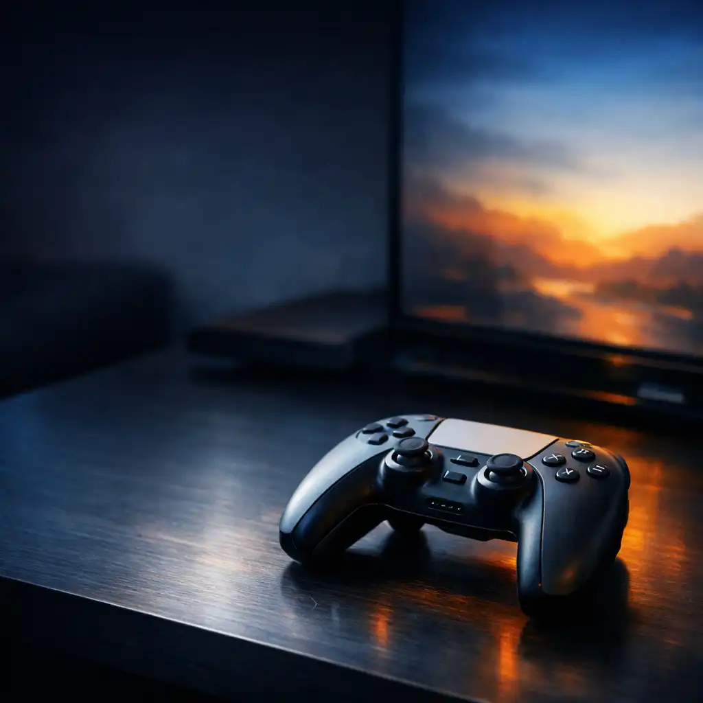Controller on a dark desk beside an abstract television display