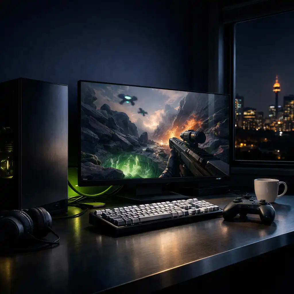 A dark home PC gaming setup at night with monitor, keyboard and controller