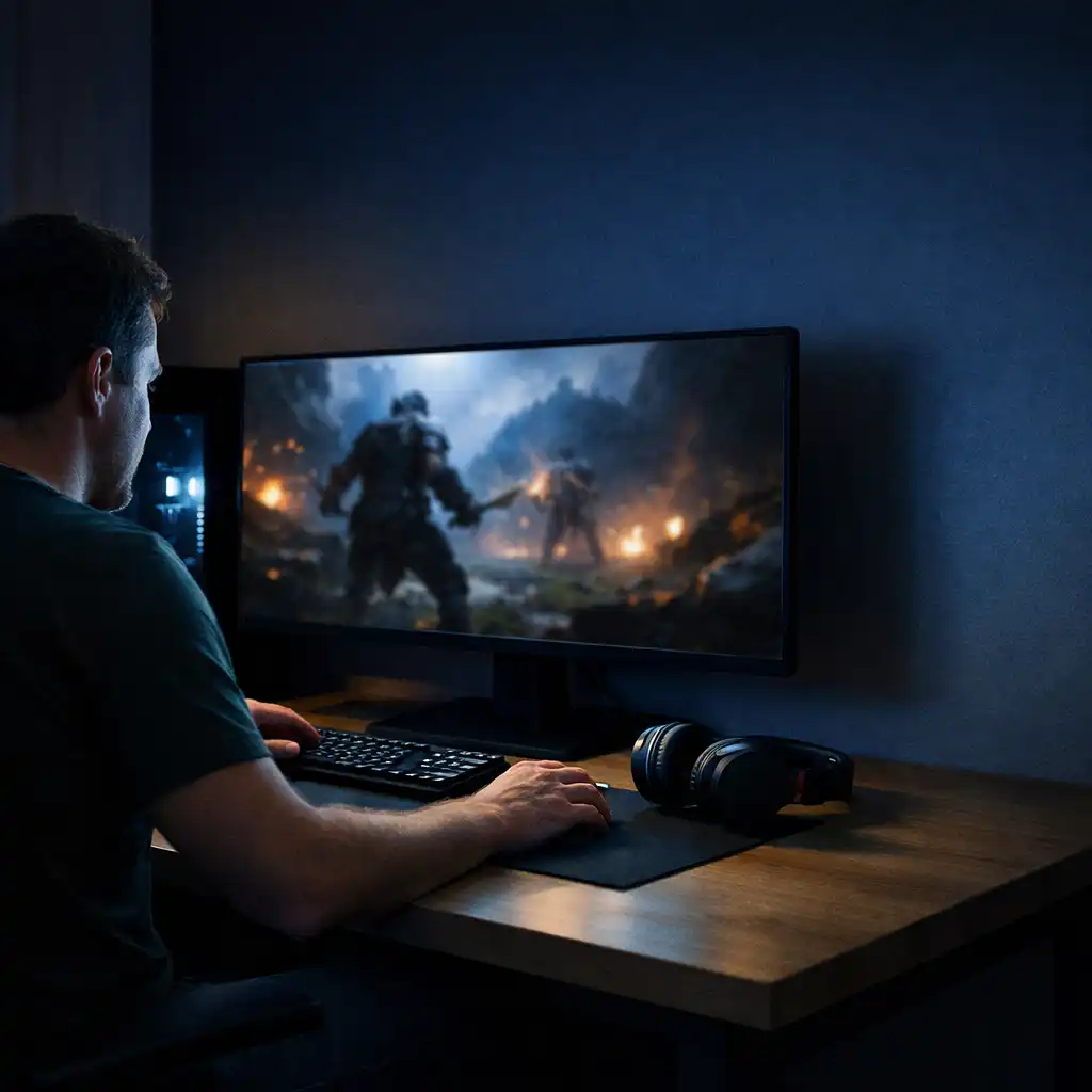 PC player at a late-night home desk with a widescreen monitor