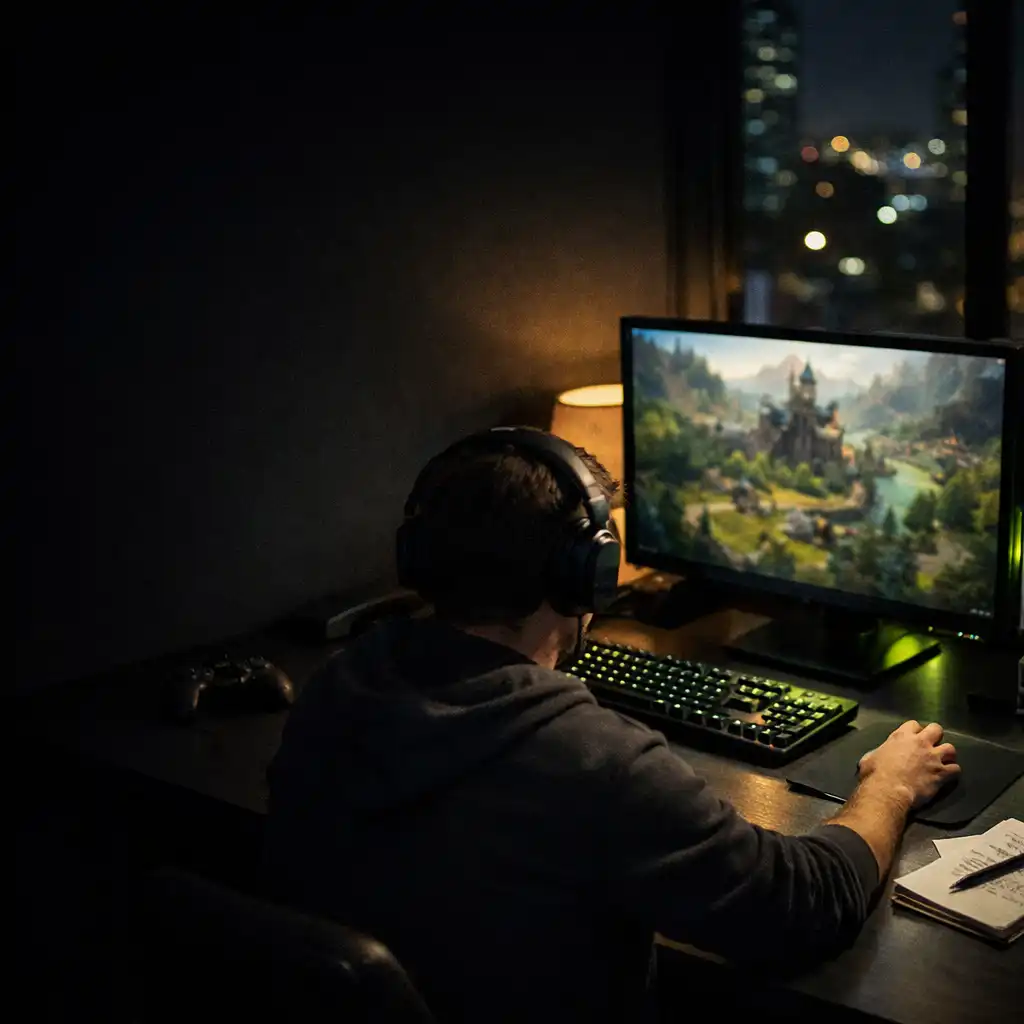 PC gaming desk with a player looking at a monitor