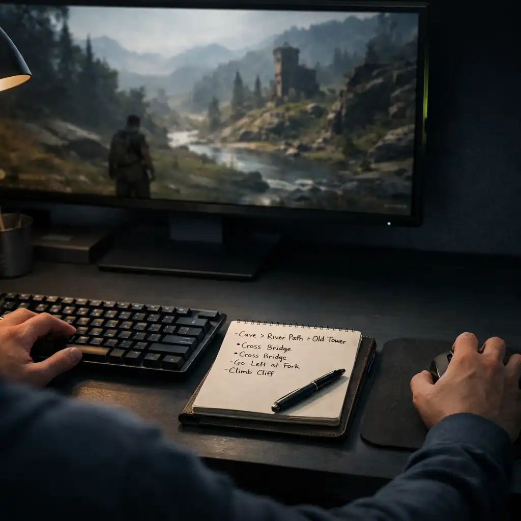 Hands using a keyboard and mouse beside route notes for a PC game
