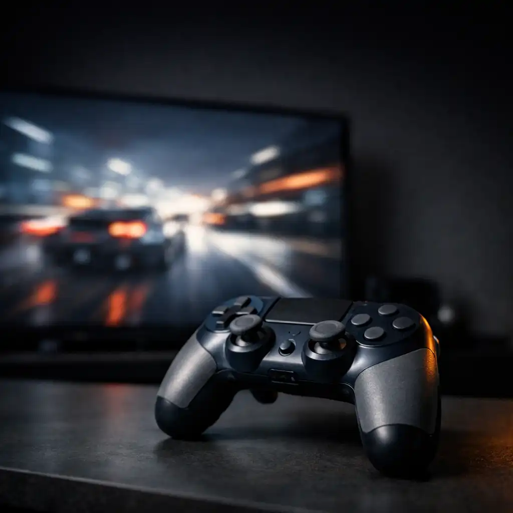 Controller on a dark desk near a softly lit television