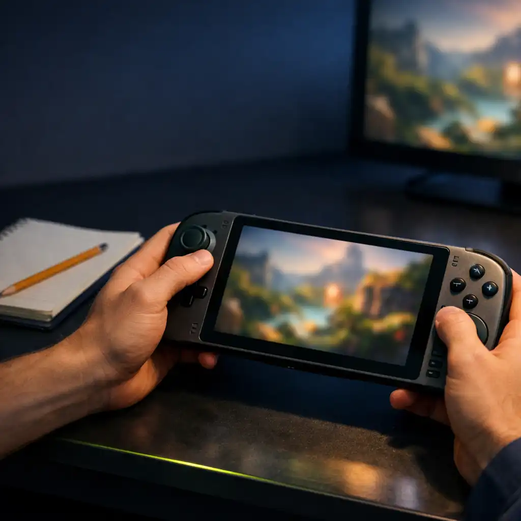 Hands holding a handheld gaming device over a dark desk