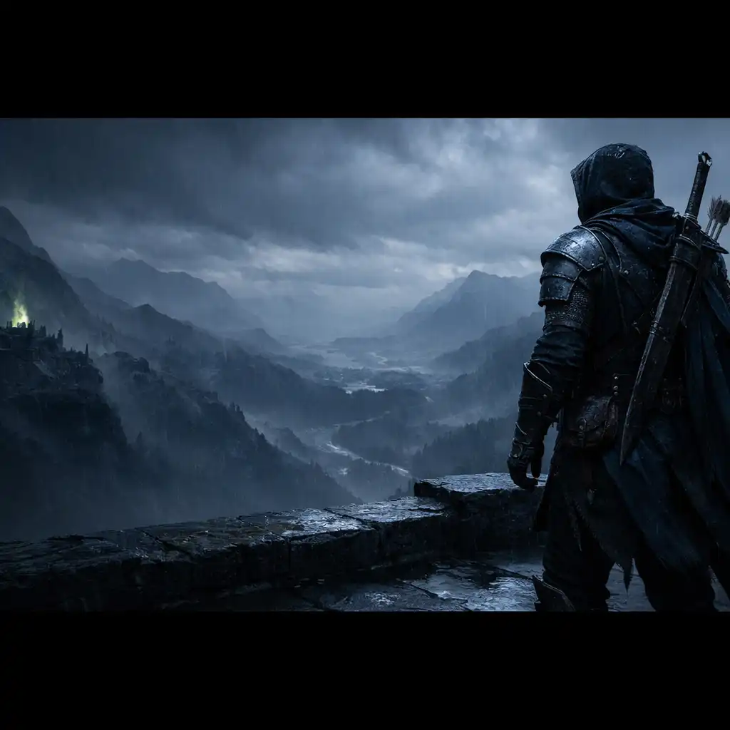 An unnamed armoured explorer overlooks a misty mountain valley from a rain-darkened stone ledge.