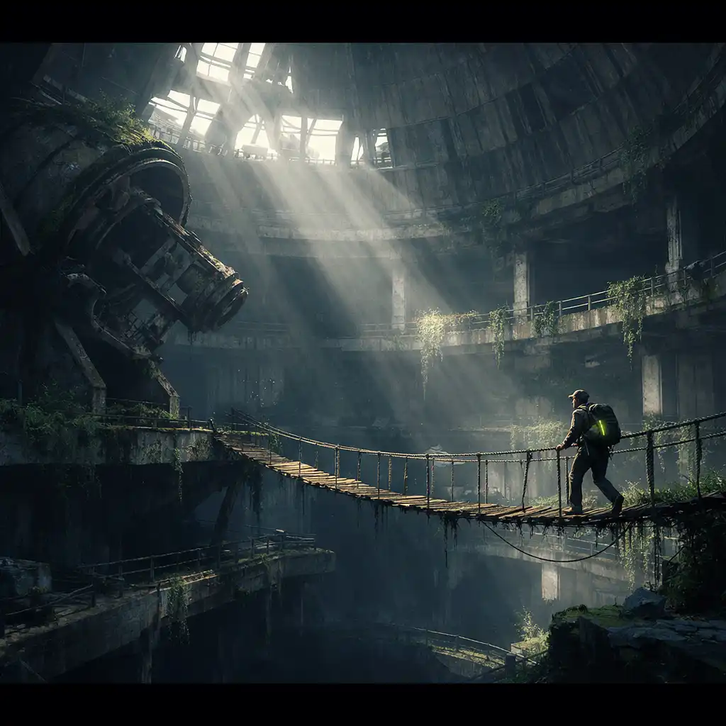 An explorer crosses a suspended bridge inside an overgrown concrete observatory.
