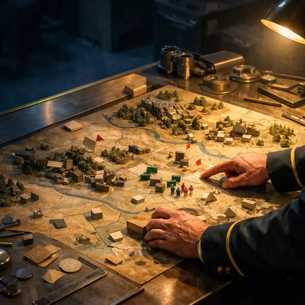 A commander studies a physical campaign map under a desk lamp in a dark operations room.