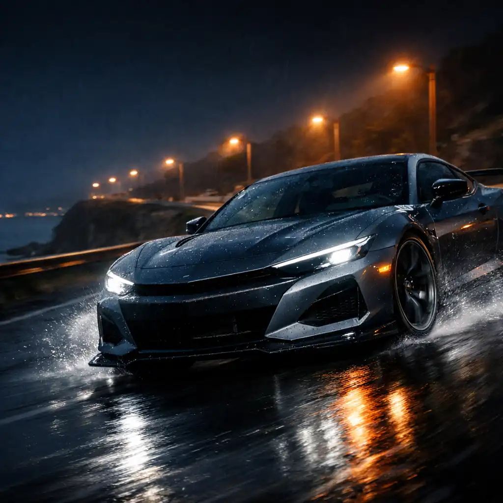 An unnamed performance car drives through a wet coastal road curve at night.