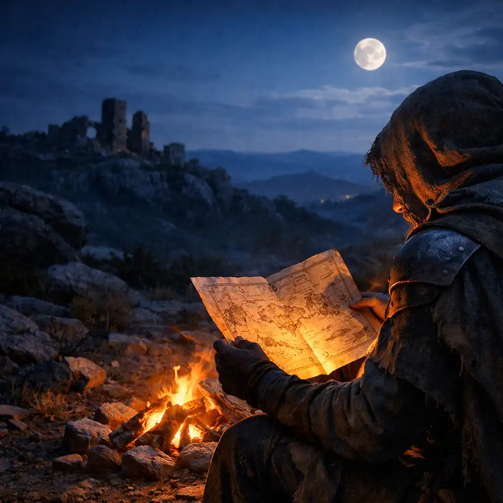 A cloaked traveller studies a map beside a small campfire in rocky highland terrain.